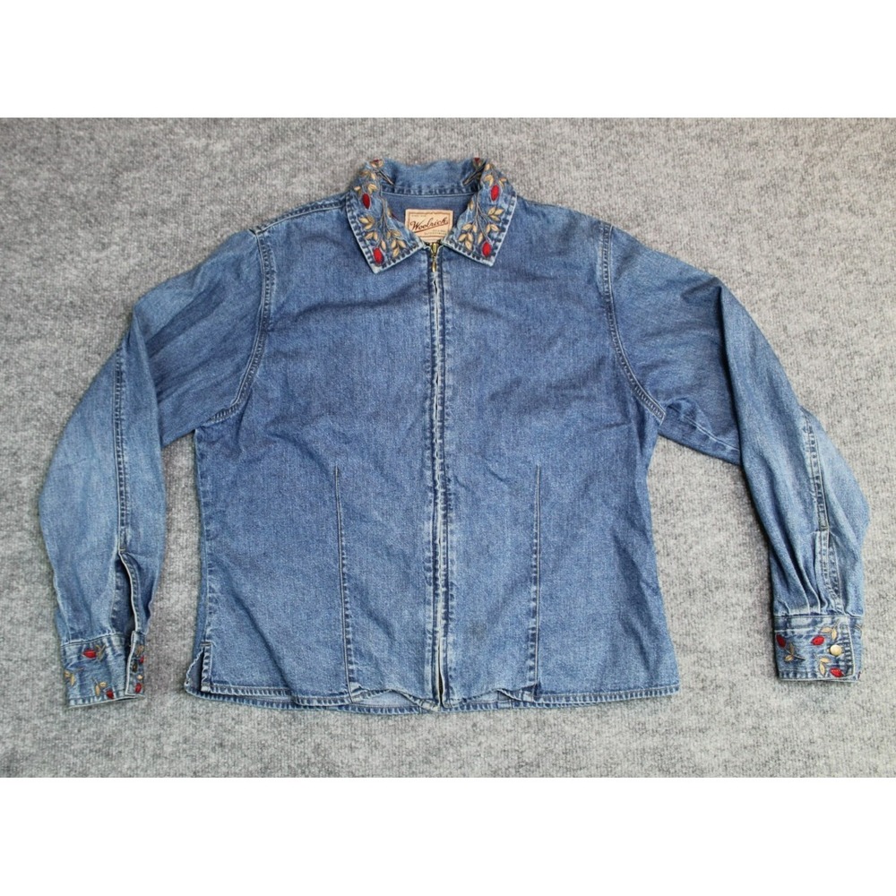 Vintage Woolrich Womens Denim Zip Up Shirt Size Medium Blue Embroidered Floral